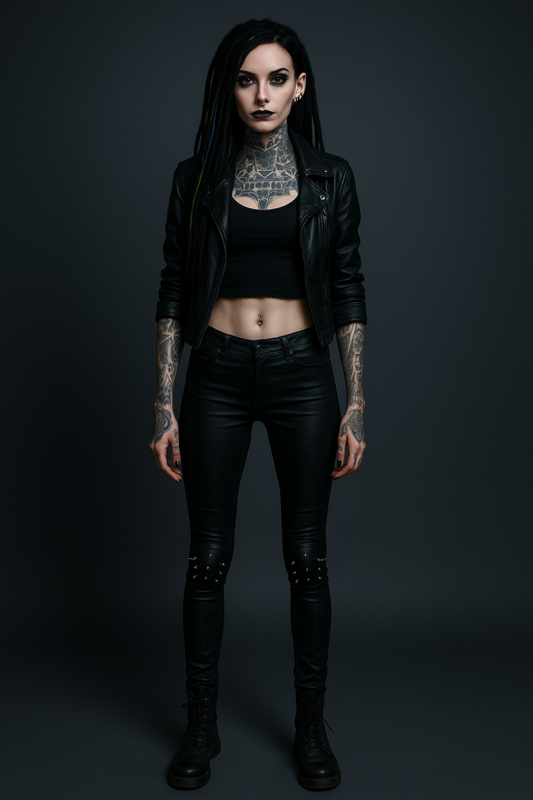 Nikita "Nika" Dragovic Ganzkörperporträt einer jungen, schlanken Frau im Cyber-Goth-Stil. Sie trägt schwarze Lederkleidung mit bauchfreiem Tanktop.